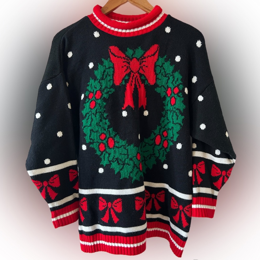 Holiday Black Sweater with Red and Green Wreath Design